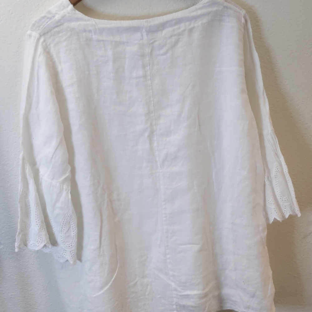 Valentina Naldi White Linen Blouse with Eyelet Bell Sleeves 3\4 Made In Italy XL - Picture 4 of 4